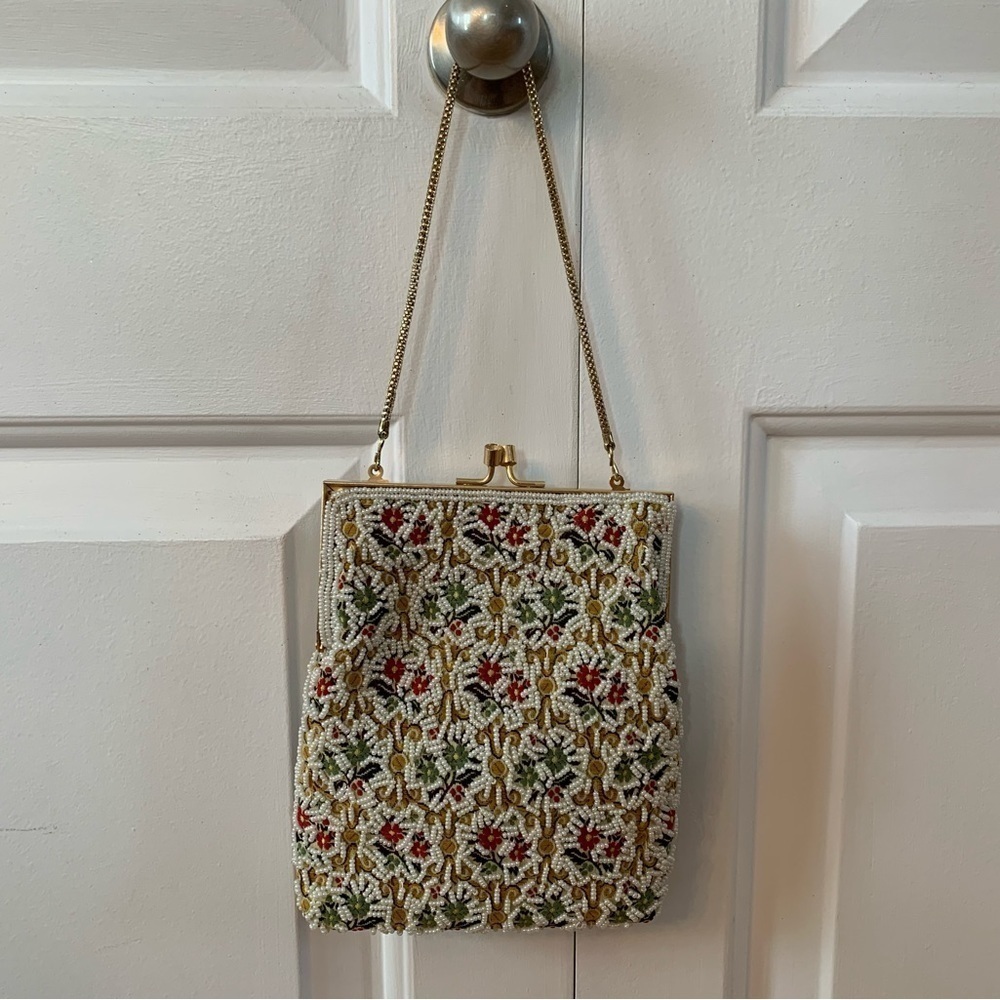 Du-Val Vintage Beaded Purse Made in Hong Kong Gold Tone Chain Flowers Multicolor - Picture 12 of 13